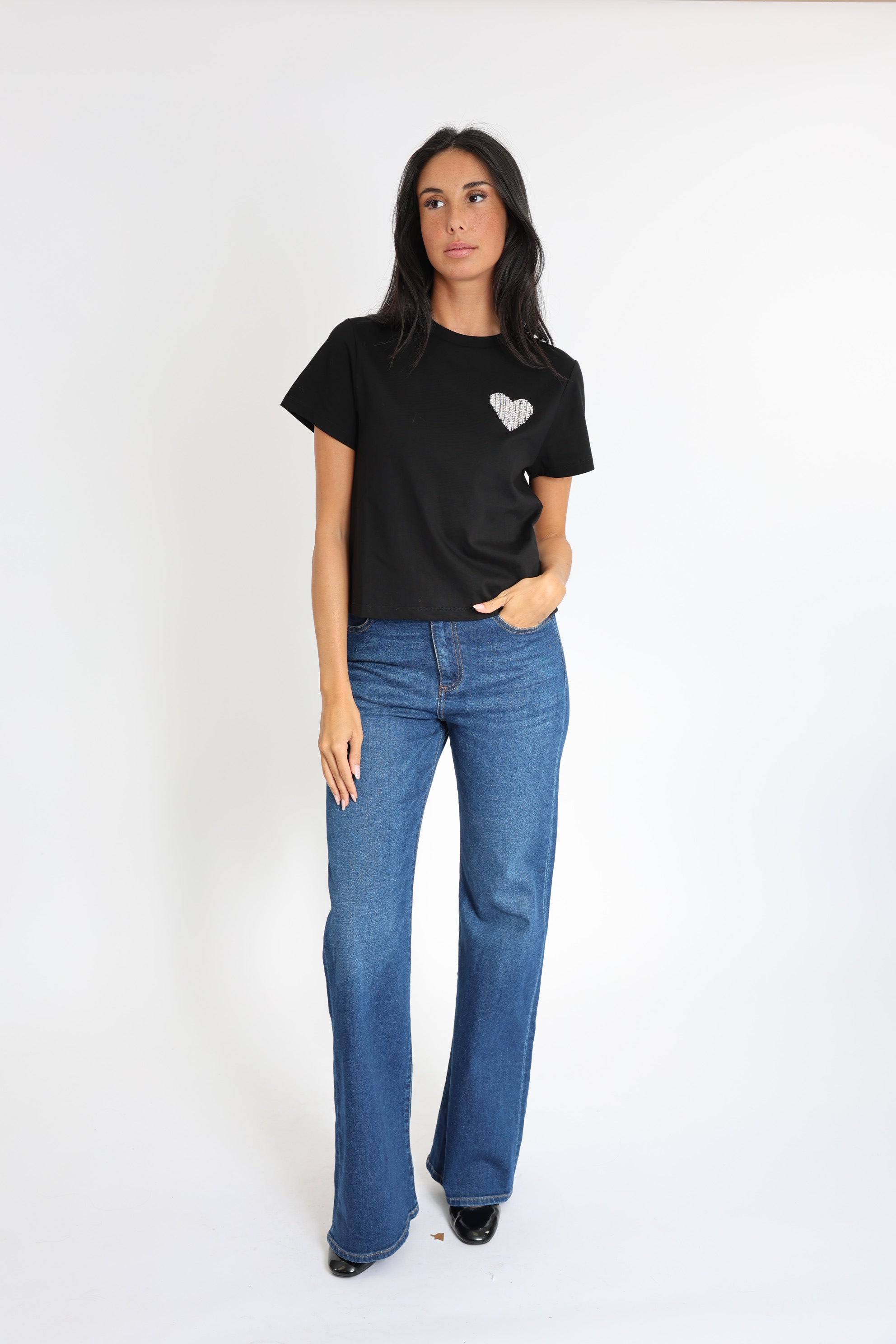 T-SHIRT CŒR STRASS LUNA NOIR