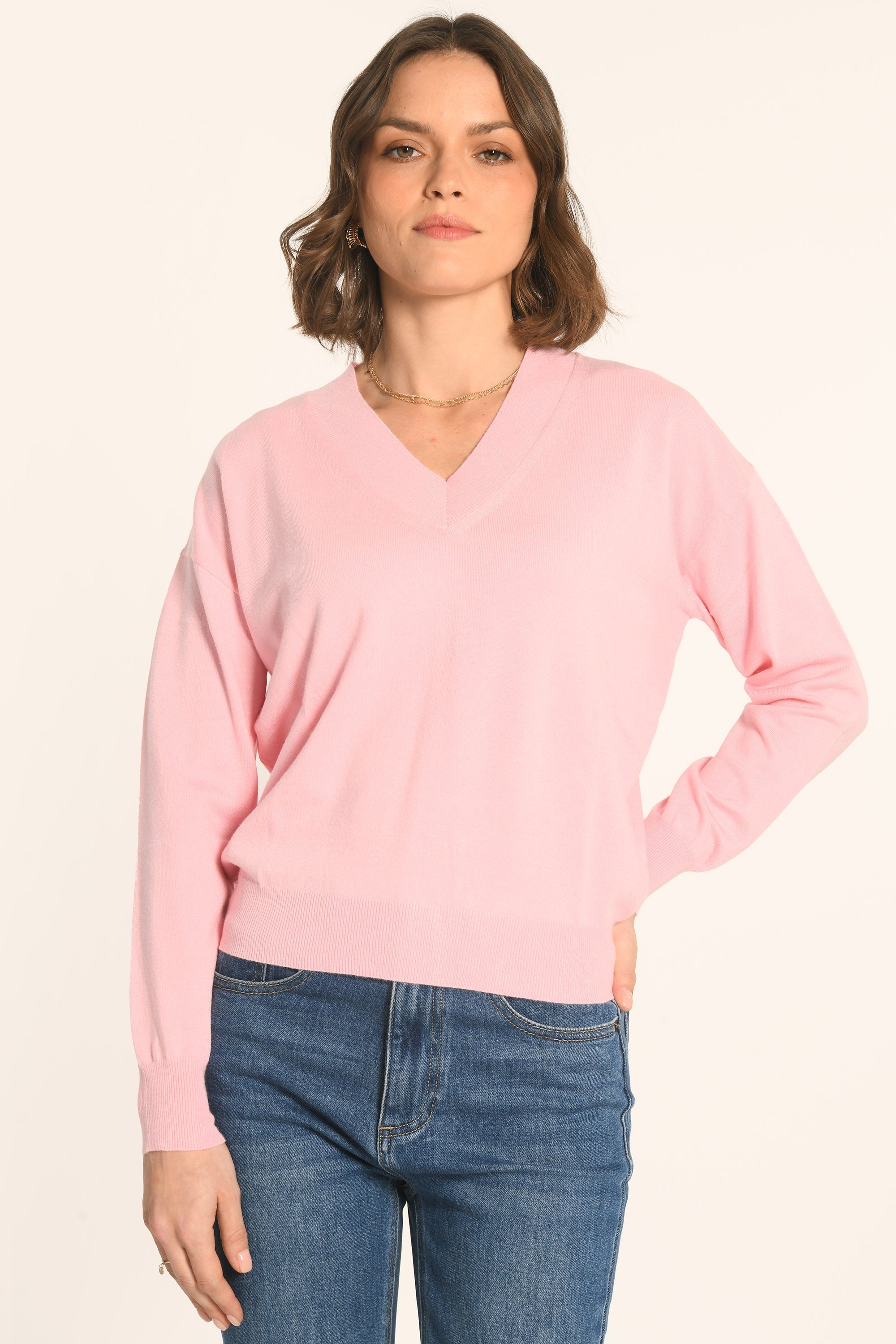 PULL COL V - ROSE PÂLE - AMELINA